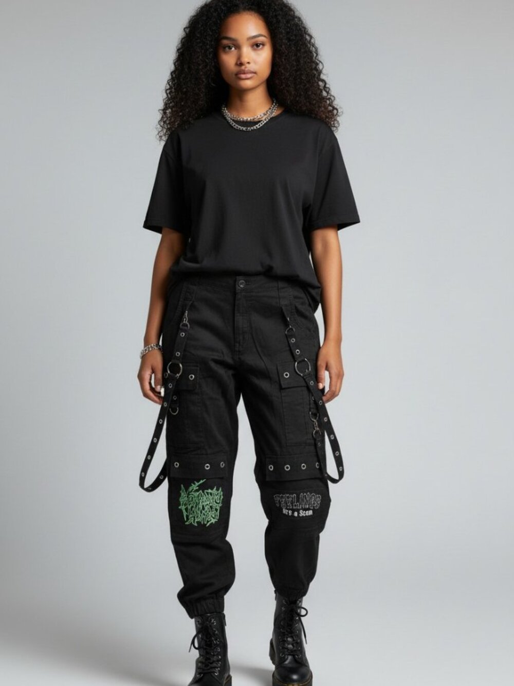 Hot Topic Black Patches Grommet Suspender Cargo Pants Goth Punk Grunge Size 3